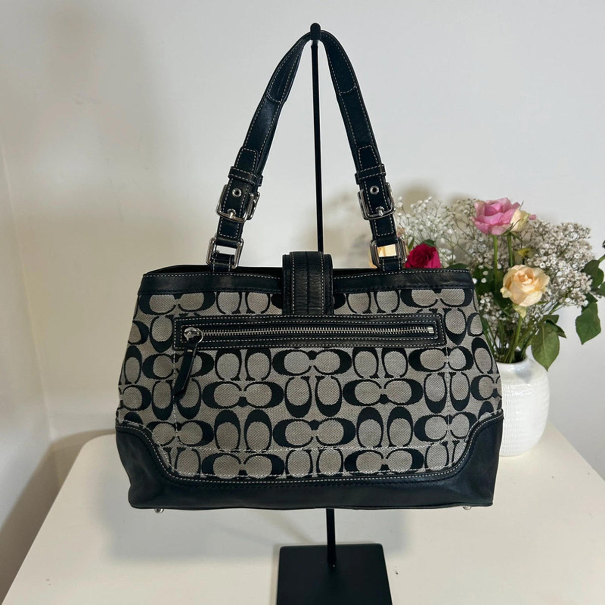 Coach Black Signature Leather and Canvas Hampton Tote G0851-F12642