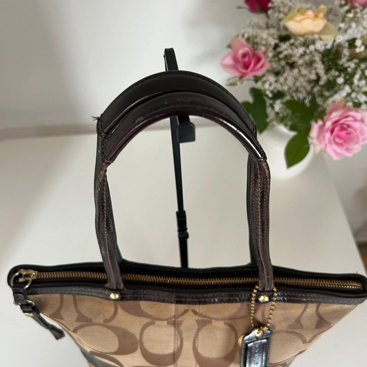 Coach Brown Monogram and Leather Stripe Handbag G0868-12429