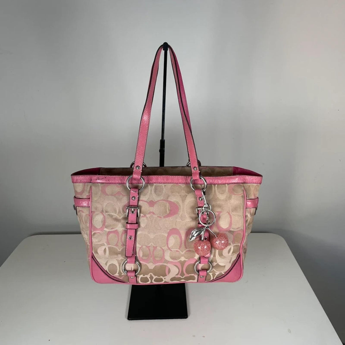 Coach Pink Beige Signature Optic Pleated East West Tote Bag A1159-F15669