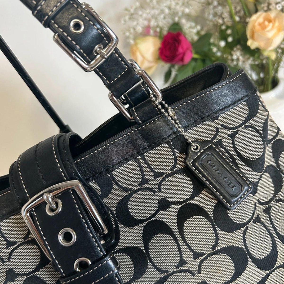 Coach Black Signature Leather and Canvas Hampton Tote G0851-F12642