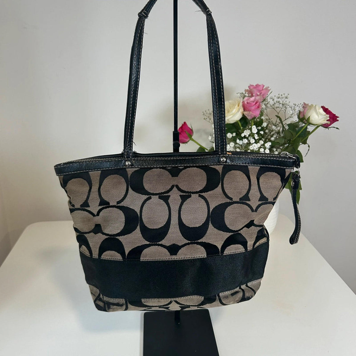 Coach Black Signature Monogram Shoulder Tote Bag F1020-F15112