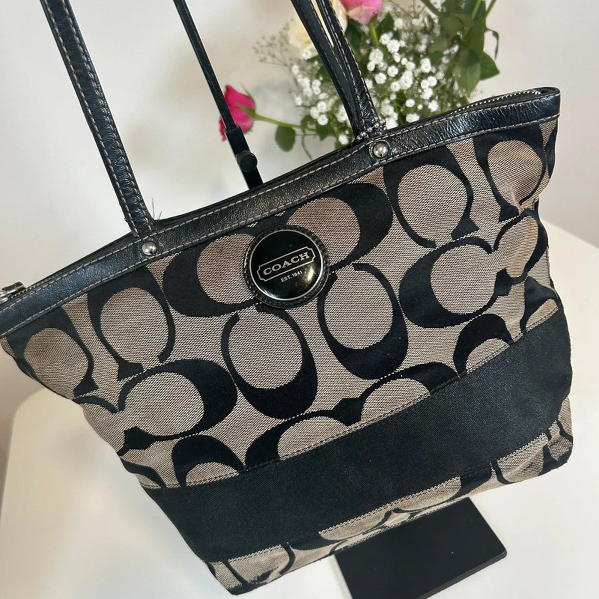 Coach Black Signature Monogram Shoulder Tote Bag F1020-F15112