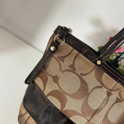 Coach Brown Monogram and Leather Stripe Handbag G0868-12429