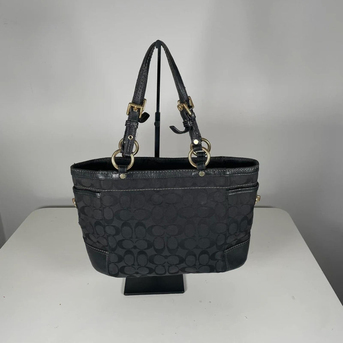 Coach Black Signature Monogram Shoulder Bag Gold Turnlock H0768-11237