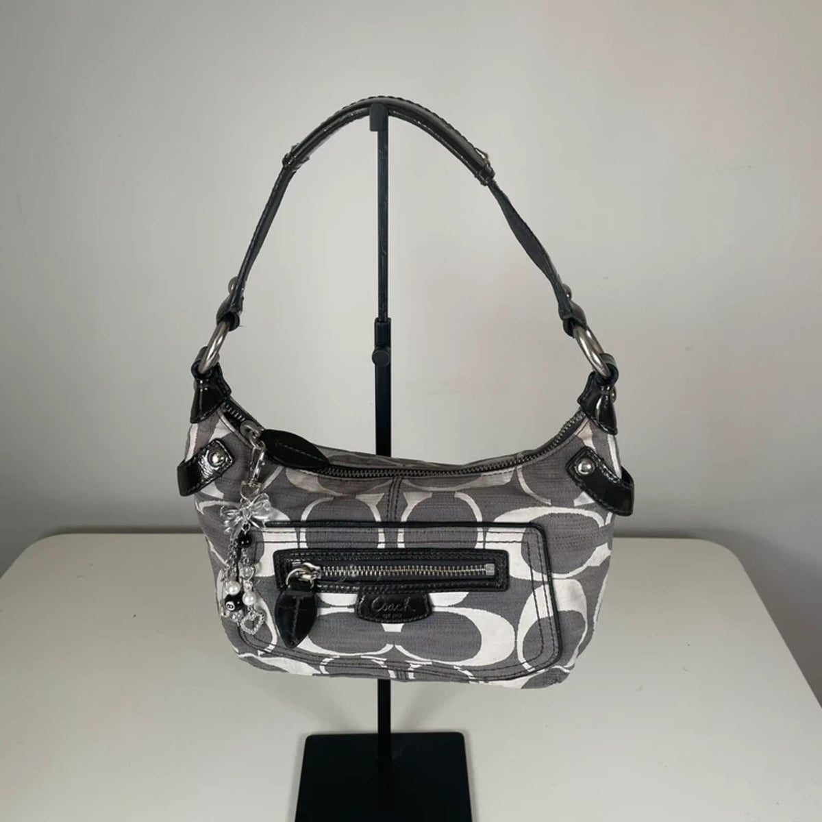 Coach Penelope Grey Monogram Shoulder Bag Black Patent Straps J0869-13326