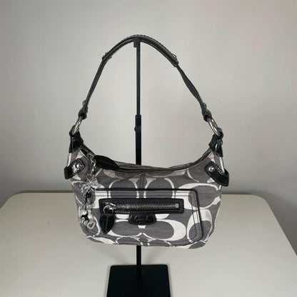Coach Penelope Grey Monogram Shoulder Bag Black Patent Straps J0869-13326