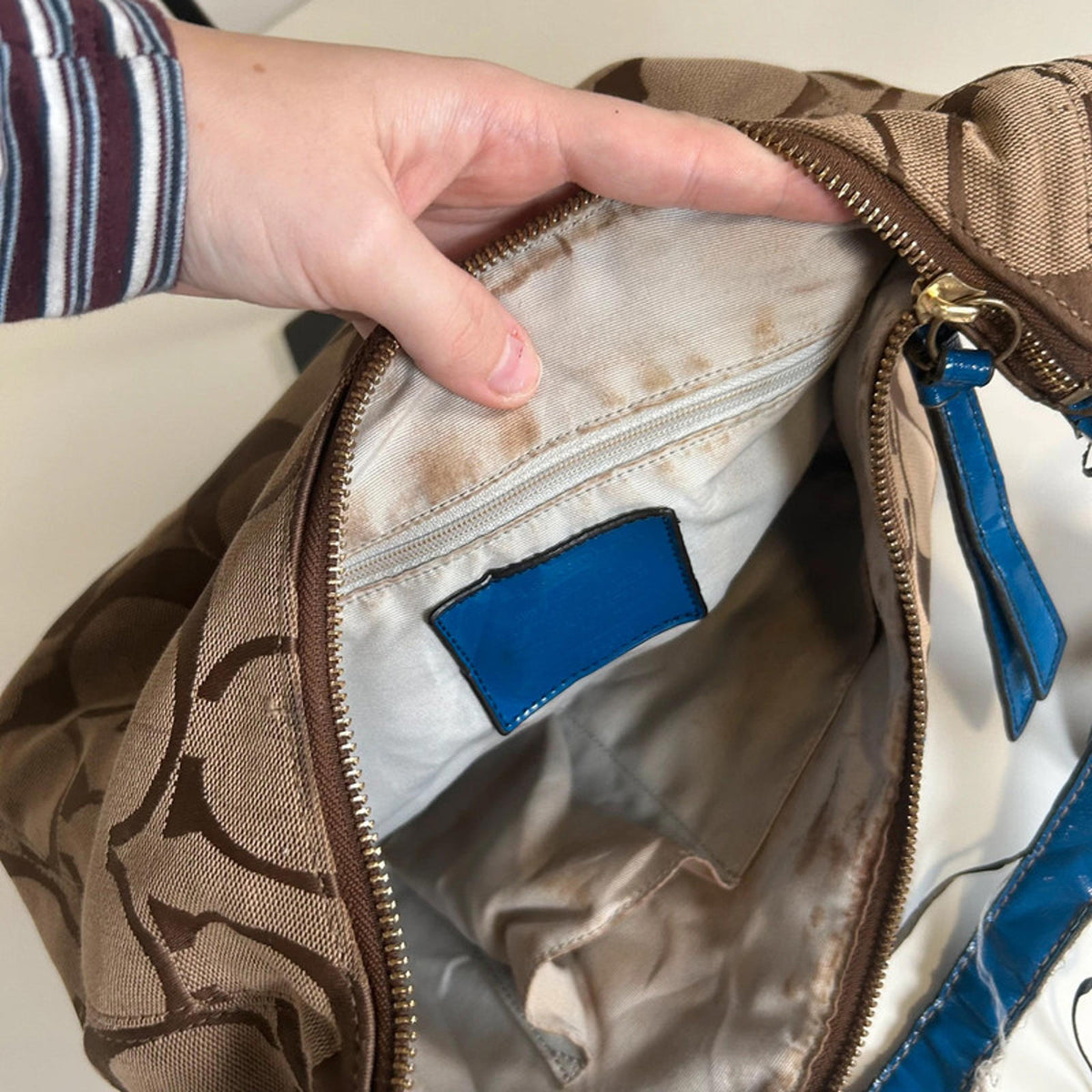 Coach Half Moon Hobo Beige Monogram Shoulder Bag With Blue Accent M1295-H19281