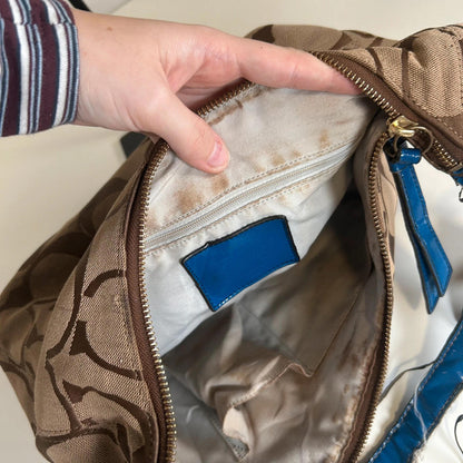 Coach Half Moon Hobo Beige Monogram Shoulder Bag With Blue Accent M1295-H19281