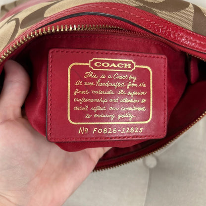 Coach Beige Signature Tote Shoulder Bag with Patent Red Stripe F0826-12825